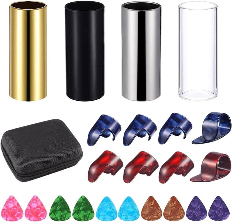 4 Pieces Medium Guitar Slide (3 Colors Steel Glides, 1 Pieces Glass Slide), Guitar Accessories Kit Include 10 Pieces Guitar Picks and 8 Pieces Plastic Thumb & Finger Picks in Storage Box image 1