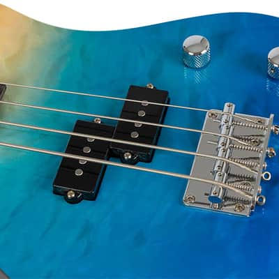 Flight Mini Bass (TBL) Solid Body Transparent Blue New - gradient blue finish on a quilted maple top image 8
