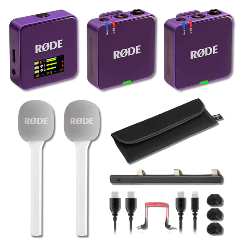 Rode Wireless GO (Gen 3) Compact Wireless Microphone System (Purple) with 2x White Interview GO Handheld Adapters image 1