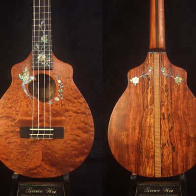 Handmade Tenor Ukulele, Solid Curly Mahogany, Spalted Rosewood, Bird & Floral inlay, Soft-bag, Bruce Wei UN17-2019 image 1