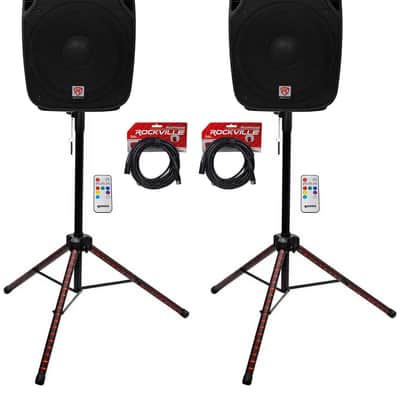 (2) Rockville SPGN154 15" Passive 1600w DJ PA Speakers+LED Stands+Remote+Cables image 1