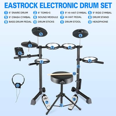 Electric Drum Set with Quiet Mesh Drum Pads, Electronic Drum Set for Beginner 2 Leg with Cymbals, Pedal, Upgraded Drum Module, 144 Sounds, Bluetooth, USB MIDI, Headphone, Drum Stool, Sticks image 5