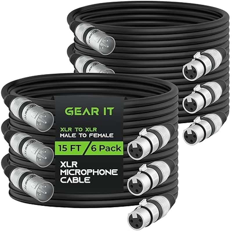 XLR to XLR Microphone Cable (15 Feet, 6-Pack) XLR Male to Female Mic Cable 3-Pin Balanced Shielded XLR Cable for Mic Mixer, Recording Studio, Podcast - Black, 15ft, 6 Pack image 1