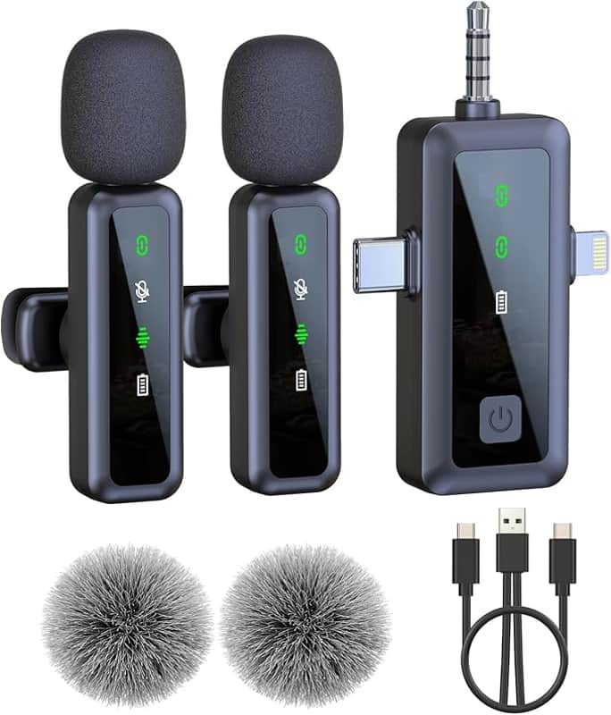 Wireless Lavalier Microphone for iPhone, Android, Camera, 2 Pack Mini Lapel Mic with LED Display and Noise Cancelling, USB-C Microphone for TikTok, YouTube,Vlog Recording image 1