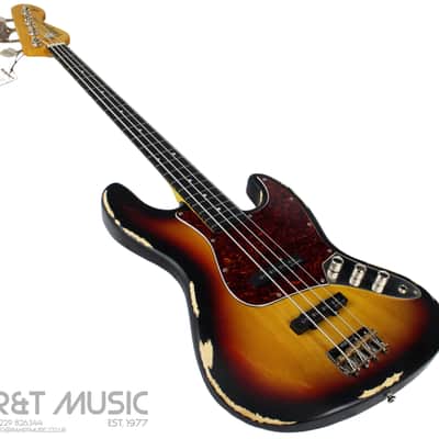 Vintage V74 Icon Fretless Bass Guitar in Distressed Sunset Sunburst w/Upgraded Pickguard image 4