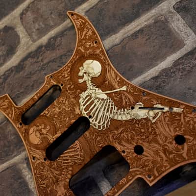 Hand-Painted Cherrywood Pickguard for Fender Stratocaster HSS/SSS – Laser-Engraved Unique 'Stumble' Design image 2