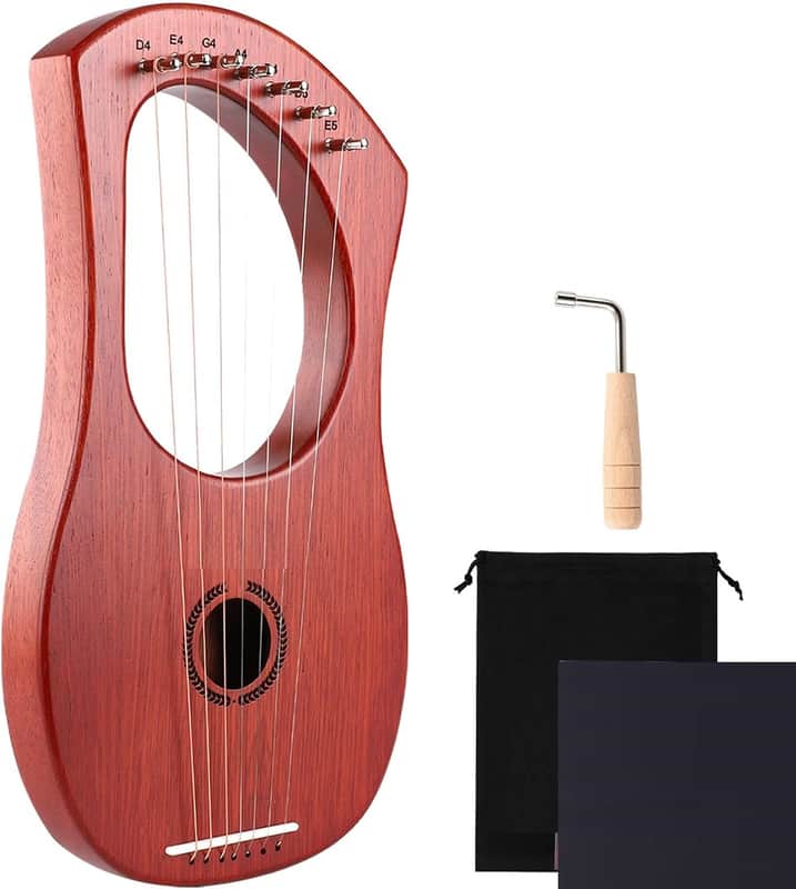 Harp 7 Strings with Bag,Tuning Wrench,Metal Strings, Mahogany Body and Bone Saddle,Mini Harp Instrument for Beginner image 1