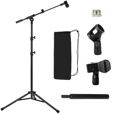 Tripod Mic Stand Floor Boom Arm For Blue Yeti Shure Sm58 Sm57 Sm48 Samson Q2U Fifine K6 K688 Am8, Floor Microphone Stand With Carrying Bag, 3/8" To 5/8" Adapter, 2 Mic Clips And Cable Ties