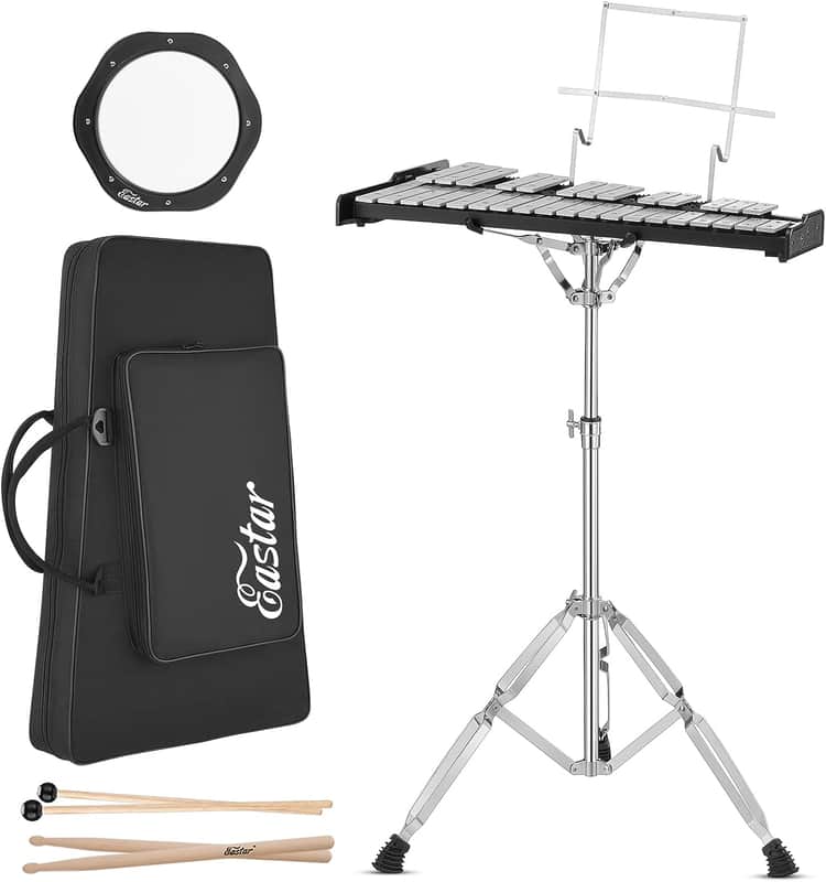 Advanced 32 Note Glockenspiel Xylophone Bell Kit for Adult Beginner Students, Percussion Kit with 8'' Drum Practice Pad, Adjustable Stand, Glockenspiel Stick, Drum Sticks and Carrying Bag image 1