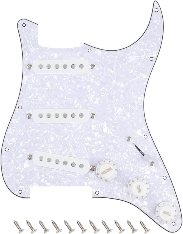 4Ply Loaded SSS Pickguard Vintage F '60s Tones Prewired Strat Pickguard with Staggered Alnico 5 SSS Single Coil Pickups for Fender Stratocaster ST Electric Guitars JT/HBZC-01 White Pearl image 1
