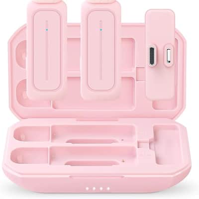 2 Pack Wireless Lavalier Microphone for iPhone iPad Android with Charging Case - 7H Clip on Lapel Microphone Wireless for Video Recording Vlogging, YouTube, Interview, 3 Mode Denoise (Pink) image 1