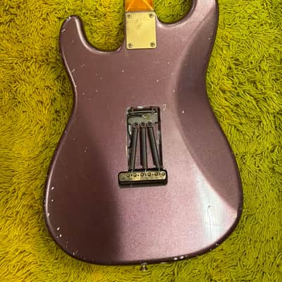 Stratocaster -1963 replica, Chunky highly figured Brazilian Rosewood slab Musikraft neck/ JM Rolph 1963 pickups/ nitro guard /mjt relic Purple Mist body/ relic gold hardware image 5