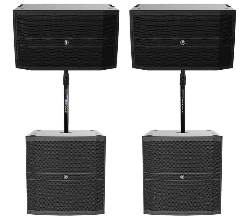 2) Mackie DRM12A-P 2000w 12" DJ PA Speakers+2) 18" Passive Subs+Air Assist Mount image 1