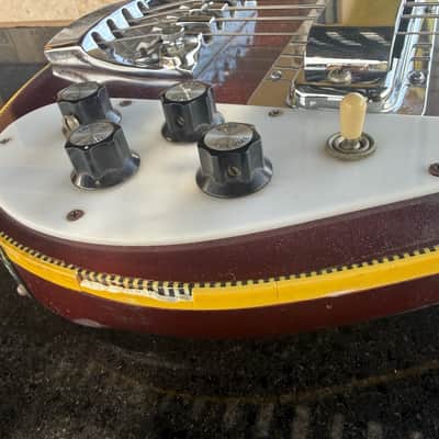 Rickenbacker 4001 Bass 1971 - ultra rare Burgundyglo & Checkerboard Bound & she had a few good gigs ! image 11