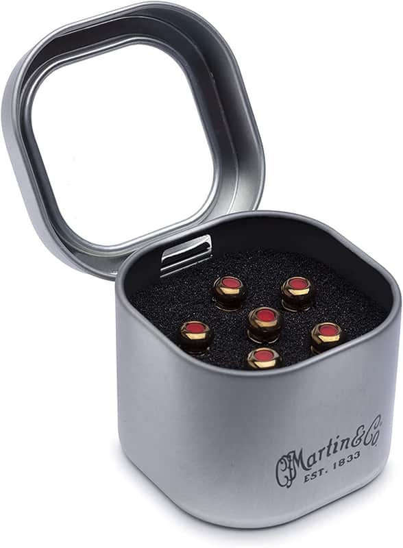 Martin Guitar Luxe by Martin Bridge Pins, Acoustic Guitar Bridge-Pin Set, Gold with Red Inlay image 1