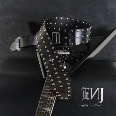 Studded Custom Leather Guitar Strap. 55” to 62” Adjustable. 2.5” wide BLACK image 5