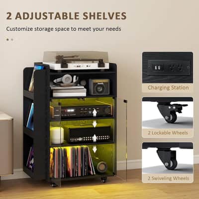 5-Tier Media Cabinet & Vinyl Record Storage Stand w/ RGB LED Lights, Glass Door, Power Outlets & Wheels – Black image 3