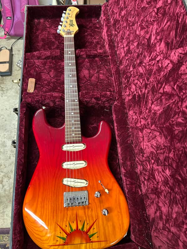 Jon Hill USA  Guitar Strat Style 2015-2018 - Red faded to Ambray ( light Orange) With a beautiful Rising sun image 1