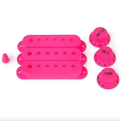 Deep Pink Strat Style Guitar Single Coil Pickup Covers, Knobs, Switch Tip