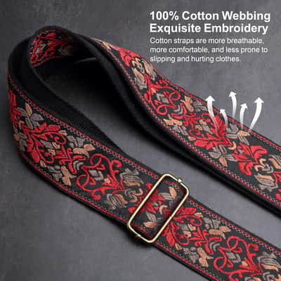 Guitar Strap,Jacquard Embroidery Cotton Guitar Straps with Crazy Horse Leather Leather Ends for Bass, Electric & Acoustic, Best Gifts for Kids, Guitarists(Retro Red Flower) image 3