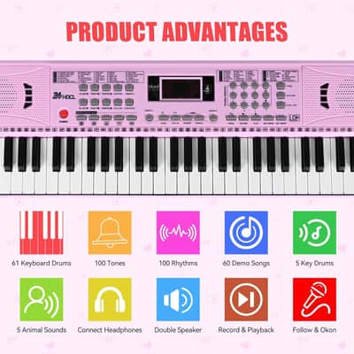 61-Key Digital Piano for Kids - Pink Keyboard with Stand, Microphone, and Educational Features image 4
