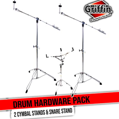 GRIFFIN Cymbal & Snare Stand Kit (Percussion TiltPro X Edition) 3 Pack – Boom Arm Mounts with Counterweight, Double Braced Chrome Legs for Crash, Ride & Splash Cymbals