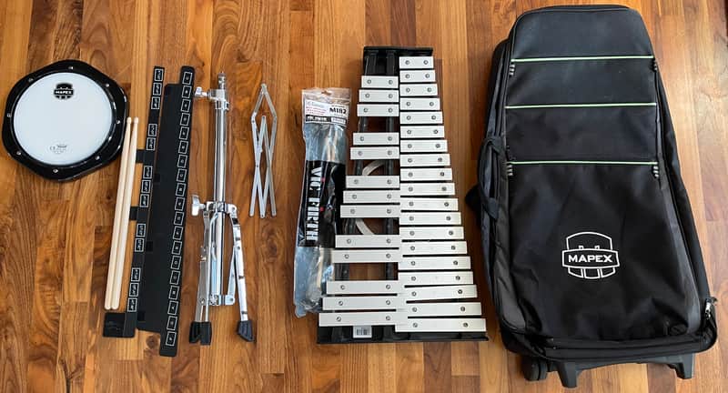 Mapex Student Bell Percussion Kit with metal xylophone instrument, soft case, metal stand, drum pad and mallets image 1
