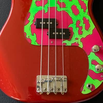 1998 New old stock MIM Fender electric bass guitarAlnico pickups Hand painted pick guard Fender Precision body , Jazz neck 1998 - Red with graphics image 7