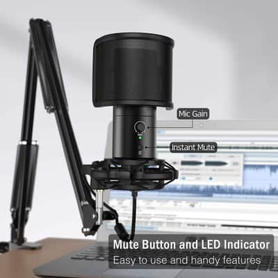 USB Gaming Streaming Microphone Kit for PC Computer, Condenser Mic Set with Arm Stand Mute Button & Gain, Mic Studio Bundle image 2