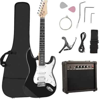 Electric Guitar Kit for Beginner 39 Inch Full Size HSS Pick Up Right Handed Starter Solid Body Electric Guitar, with Amplifier, Bag, Capo, Strap, String,Cable, Picks, Black image 1