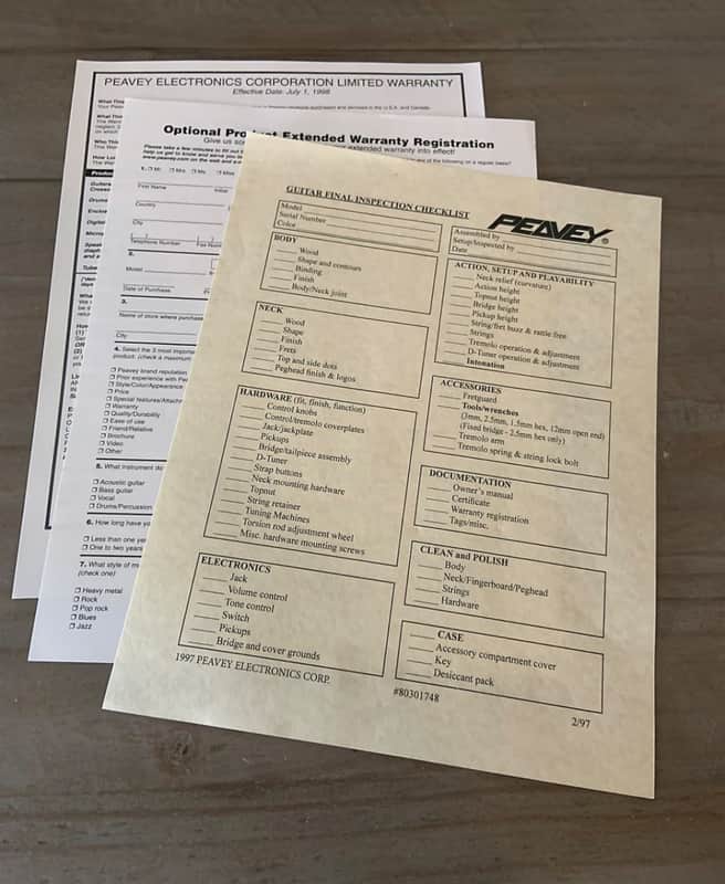 Peavey EVH Wolfgang Blank Guitar Warranty Paperwork & Checklist 1990’s-2000’s - NOS image 1