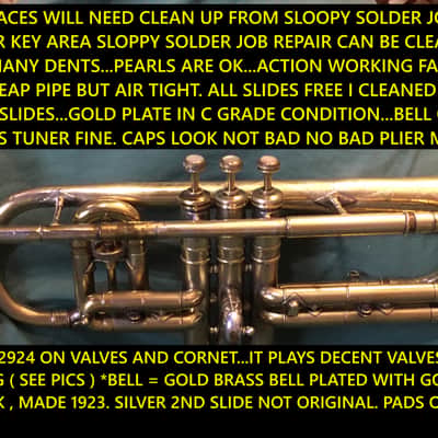 SUMMER DEAL CONN 80A 1923 GOLD PLATE CORNET STENBERG NEEDS SOME CLEAN UP SOLDER AREAS VALVES SEEM  GOOD PLAY DECENT GOLD PLATE WEAR NOT PERFECT image 4