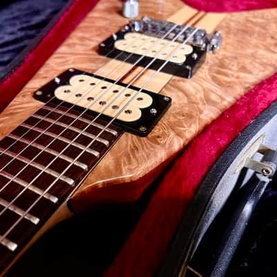 Moonstone FLAMING V flying v 1984 - Natural Paduak & maple burl image 7