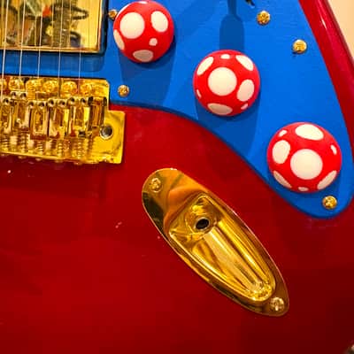 1 of 1 Custom Super Mario Nintendo Red Electric Guitar Strat Style / ST HSS | Mushroom Control Knobs | Green Warp Pipe Pickup Switch | Gold Pickups / Bridge / Tuning Pegs / Input Jack | Hand Painted Blue Pickgaurd | Red & Blue Guitar image 4