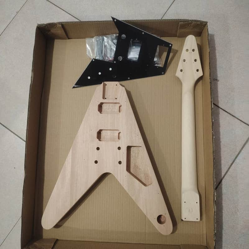 Unfinished DIY Project Guitar Flying V Style Kit - Mahogany Body with Neck, Rosewood Fingerboard image 1