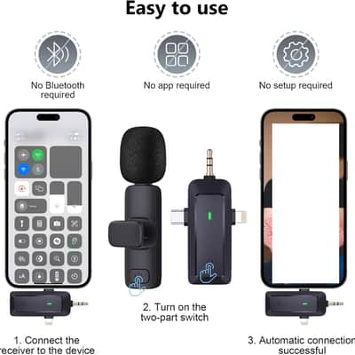 wireless lavalier microphone, suitable for iPhone/Android phones/cameras/computers/four in one lavalier microphone, suitable for video and audio recording, TikTok, etc., with microphone Bags, black image 2