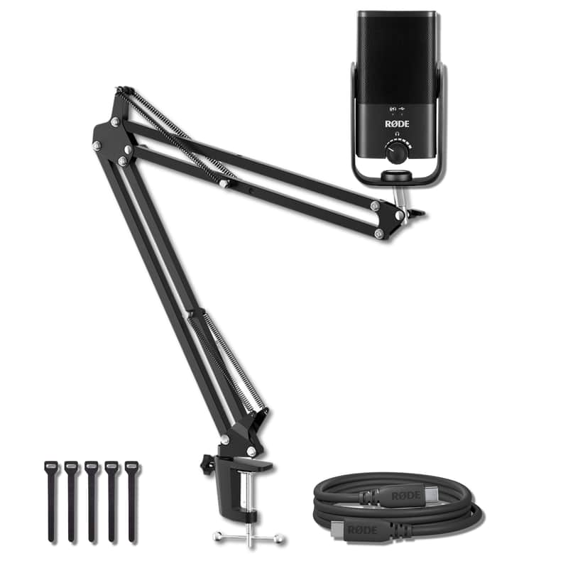 Rode NT-USB Mini Studio-Quality USB Condenser Microphone with StreamEye BOOMARM1 Desktop Boom Arm, Rode SC27 6.6-Foot SuperSpeed USB-C Cable, and 5-Pack Cable Ties image 1