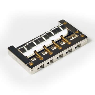 KSM Foundation Bass Bridge, (5-String) Nickel w/ Gold Bolts, Slotted Saddles- 17mm image 3