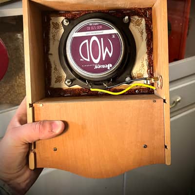 Rotary Connection Mini wallhanging guitar speaker cab. 5” Jensen Mod 5/30 speaker. Lil’ drawer for picks. Vintage style/sound. 2026 - Wood image 3