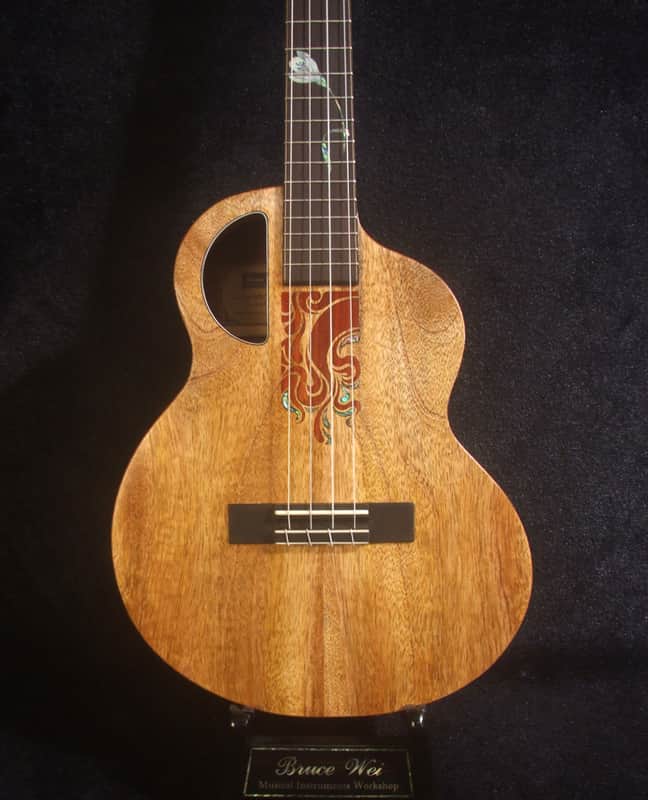 Handcrafted 4 String Baritone Ukulele, Solid Mango & Acacia, Flower inlay, Soft-bag, Bruce Wei UKB19-2005 image 1