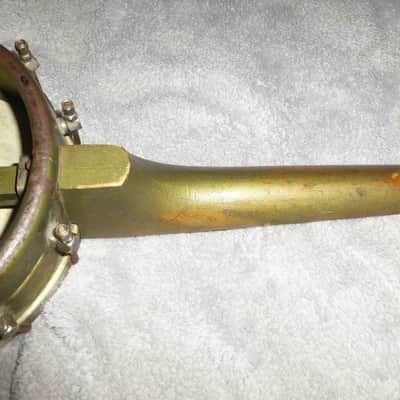Vintage 1920s Harmony made Montgomery Ward Metal Shell Banjo Ukelele Original Gold Paint,Tuners, Nut, Top Skin Head, Adjustment Key, Banjo Uke image 6