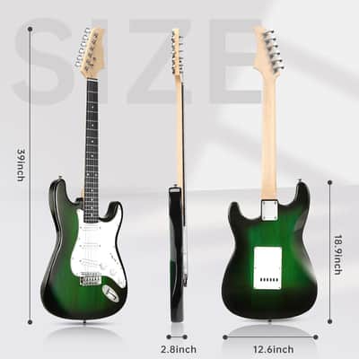 9”Inch Solid Full Size Electric Guitar Beginner Kit,Electric Guitar Starter Kit,S-S-S Pickups With 5W Amp,Strings, Pick, Tremolo Bar,Bag,Strip,Tuner.Cable,Green image 2