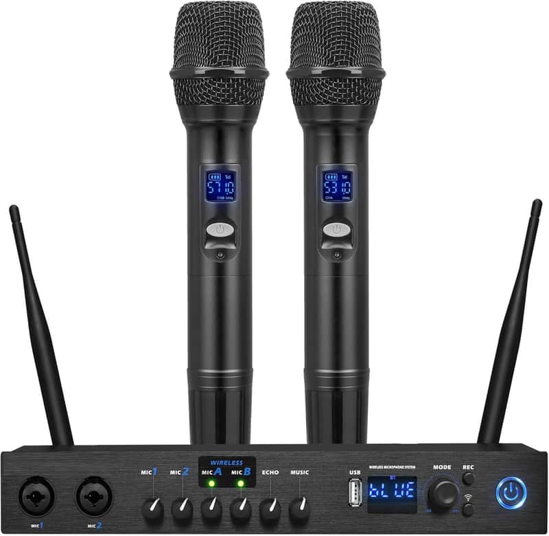 Digital Wireless Microphone System with Bluetooth - Includes 2 Dynamic UHF Handheld Mics, Portable Long-Range Receiver w/Built-in Echo Effect - for Live Pro Audio, Karaoke, Studio image 1