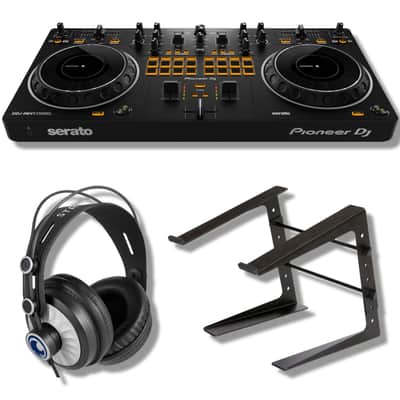 Pioneer DDJ-REV1 DJ Controller Bundle with Adjustable Laptop Stand for DJ's, Monitoring Headphones and StreamEye Polishing Cloth image 1