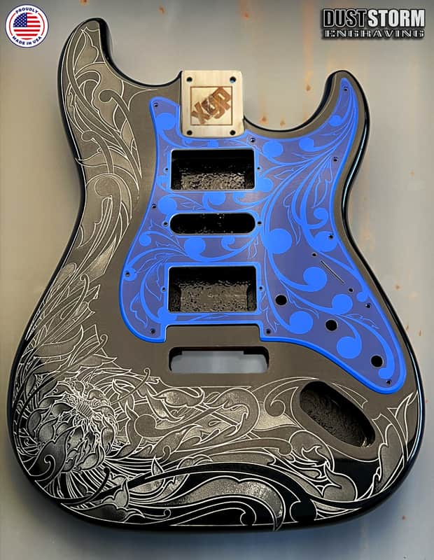Glossy Black XGP Stratocaster Style Laser Engraved Guitar Body with Royal Blue Acrylic Mirror Pickguard and Tremolo Cover HSH, HSS, SSS Setups Available image 1