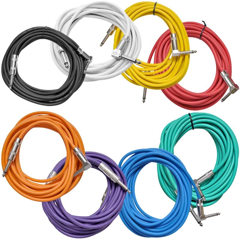 8 Pack of 20 Foot Multi-Color 1/4 Inch TS Right Angle to Straight Guitar Cables 20' Instrument 1/4" Guitar Cords image 1