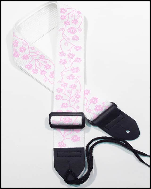Girls Guitar Strap 2" Cotton Guitar Strap with Hot Pink Roses on a White Strap image 1