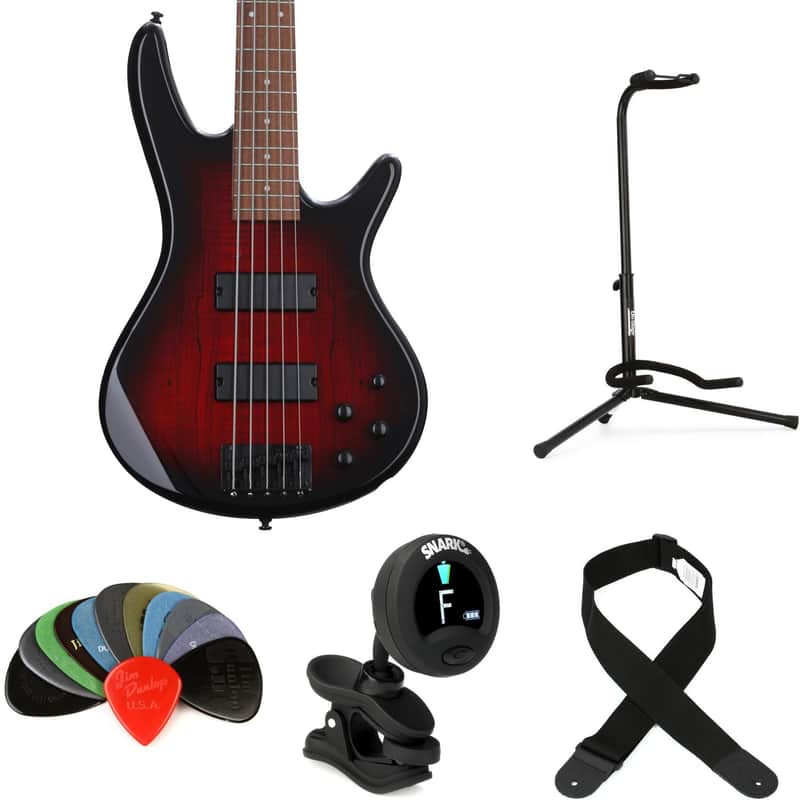 Ibanez Gio GSR205SMCNB Bass Guitar Essentials Bundle - Spalted Maple  Charcoal Brown Burst image 1