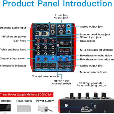 4 Channel Audio Mixer Portable Mini Sound Board Console with USB Audio Interface 48V Phantom Power Bluetooth USB MP3 DJ Mixer for Live Performance DJ Stage image 6