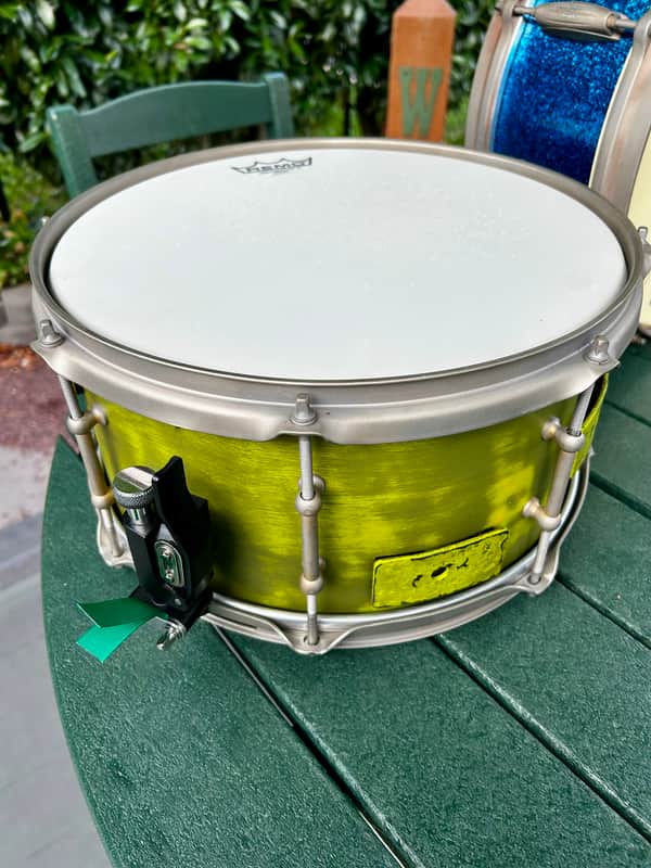 Custom Snare Drum 6” x 13” Maple and Bubinga shell 1999 - Retro funky distressed green image 1